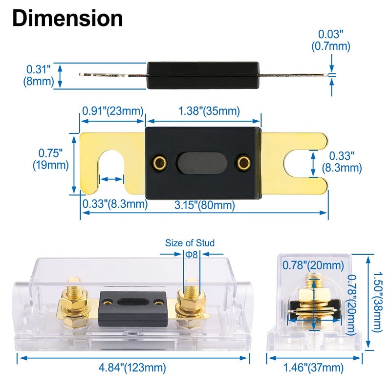 Baomain 1-Pack 200A ANL Fuse Holder Kit with Fuse - Gold-Plated Terminals, for Car Audio, Amplifiers, 12V/24V DC Systems, Compatible with 0/2/4 AWG Wires - Image 5